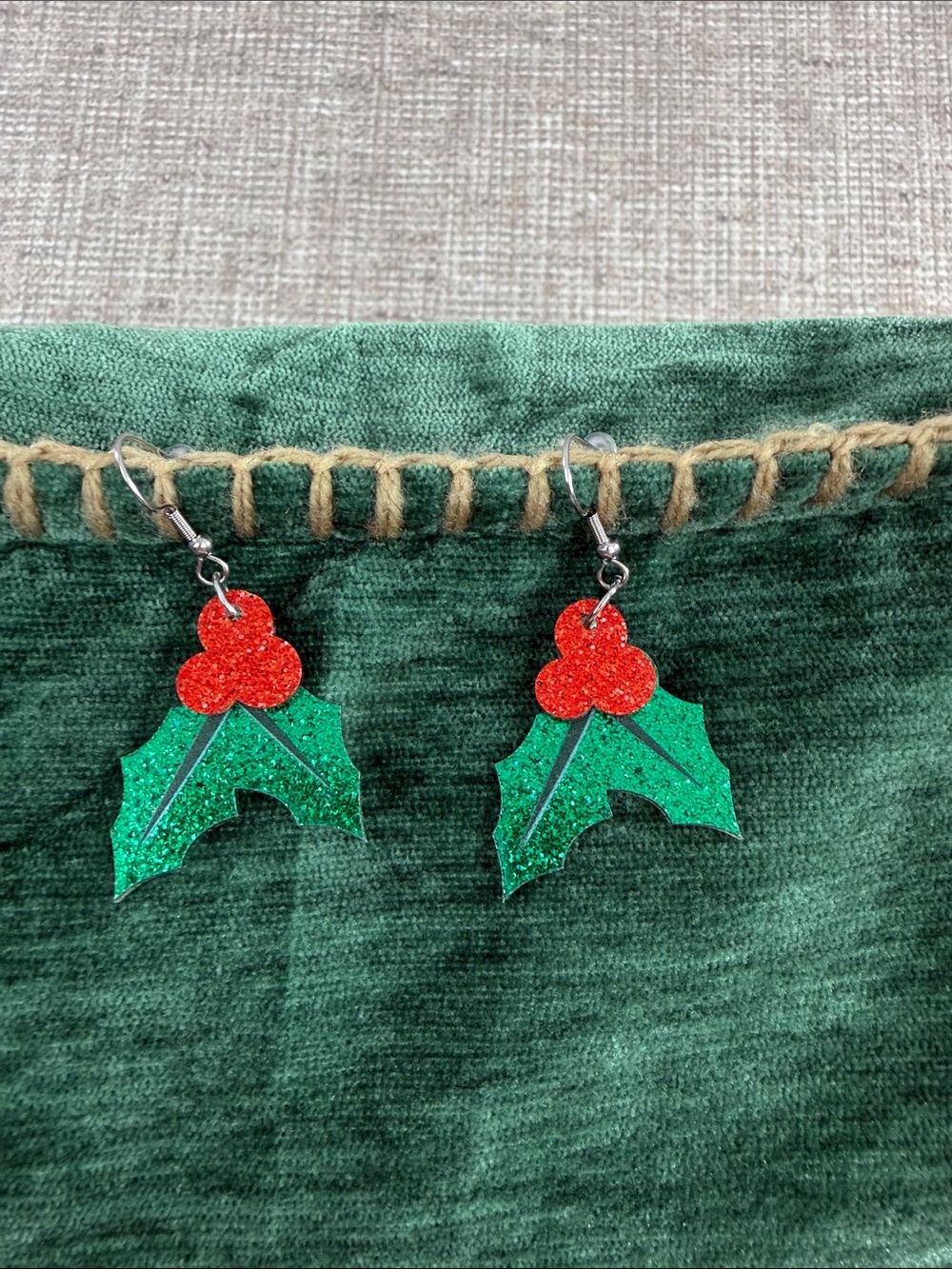 Festive Holly Leaf Glitter Earrings - Red & Green